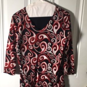 Style & Co Petite 3 quarter sleeved red, black, & white swirl design top size SP
